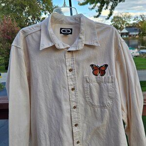 Three Rivers Women's Khaki Button Down Shirt w/Embroidered Butterfly Size Lg